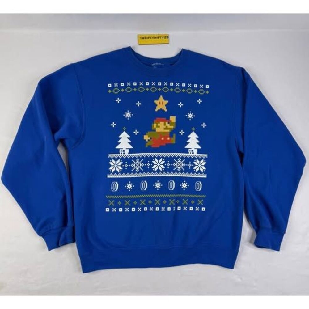 Super Mario Ugly Christmas Sweater Sweatshirt Mens Blue Nintendo Size Medium